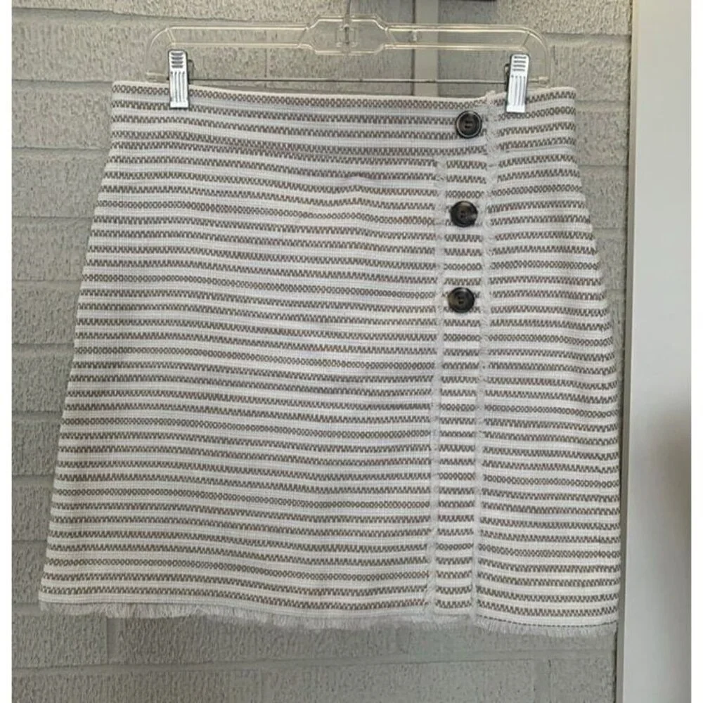 Ann Taylor Cotton Skirt Ivory Tan Stripe Tweed Sz 8 Faux Wrap Lined Fringe NWOT